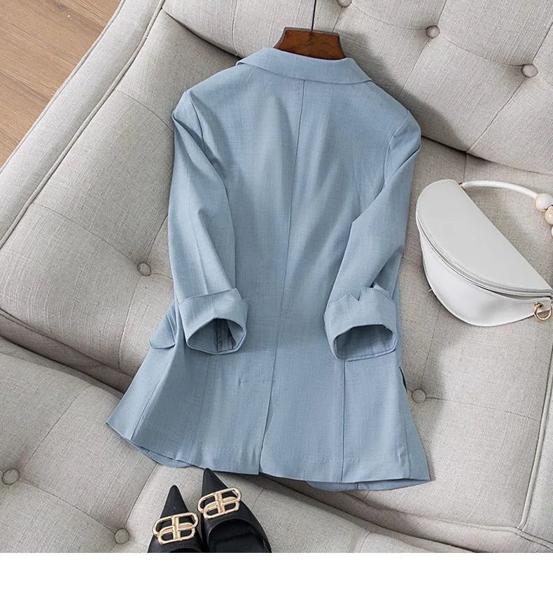 Spring Summer New Style Korean Version Silk Fashion Small Suit Jacket Women Thin Sleeve Seven Button Slim Fit Western Wear