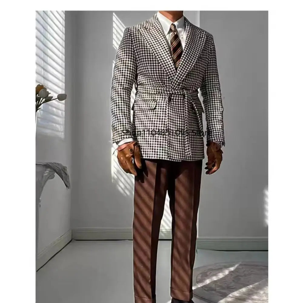 Men's Houndstooth Blazer Double Breasted Jacket for Party Prom Outwear Groom Business Tuxedos Wedding Men Suits Coat Only One