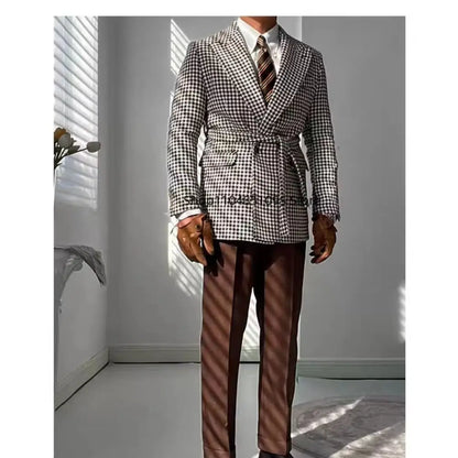 Men's Houndstooth Blazer Double Breasted Jacket for Party Prom Outwear Groom Business Tuxedos Wedding Men Suits Coat Only One
