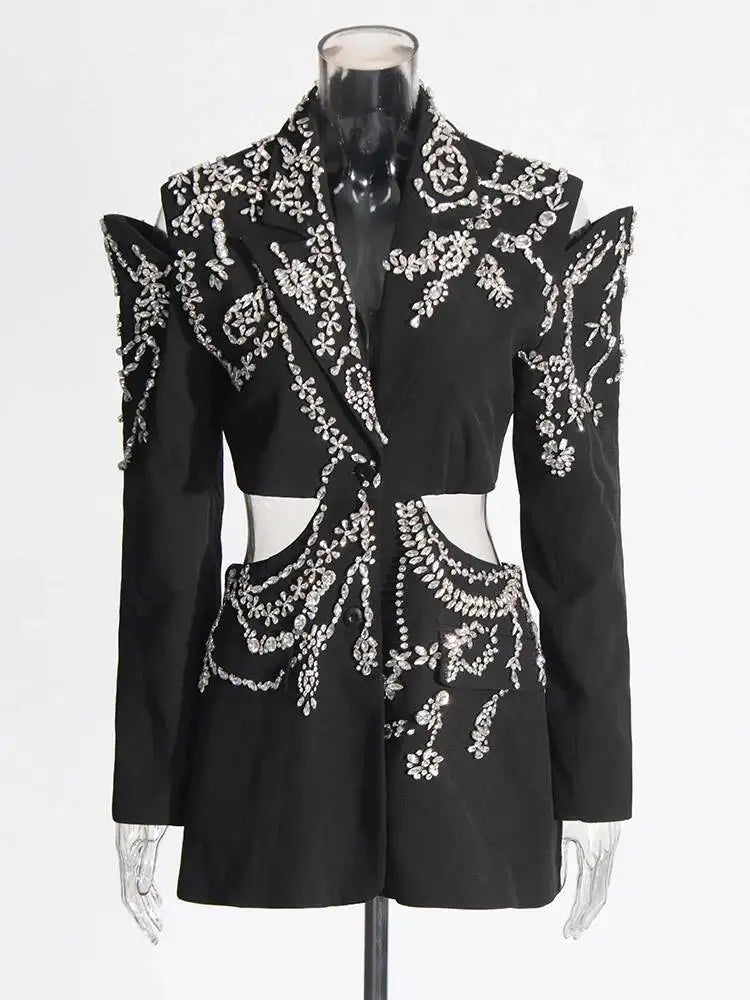 Solid Spliced Diamonds Turn-Down Collar Blazers Long Sleeve Hollow Out Patchwork Button Coat 2026 Autumn Women's New