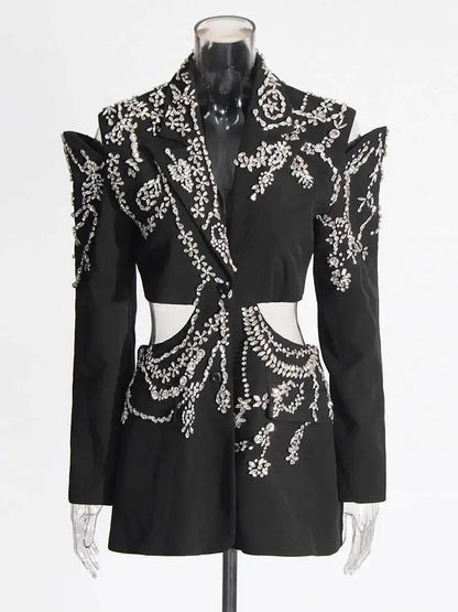 Solid Spliced Diamonds Turn-Down Collar Blazers Long Sleeve Hollow Out Patchwork Button Coat 2026 Autumn Women's New