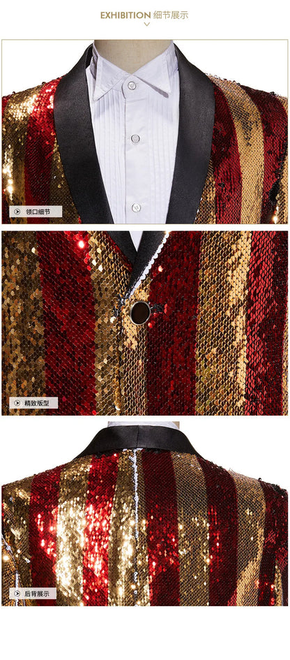Men's Luxury Sequins Suit Jacket Double Side Stripes Trendy Blazers Banquet Evening Party Singer Host Stage Performance Tuxedo