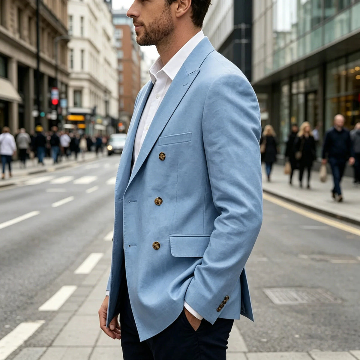 Men's Double Breasted Linen Blazer Slim Fit Suit Jacket Formal Business Casual Coat Wedding Party Spring Summer Streetwear