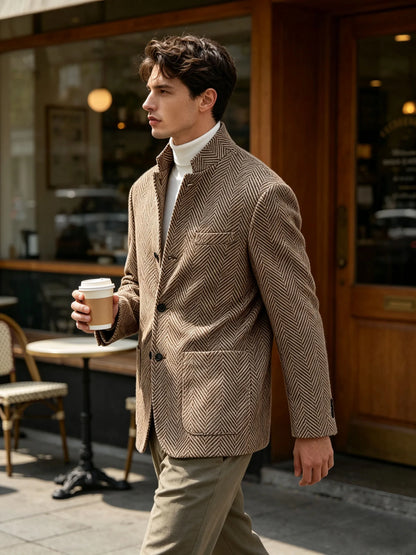 Men's Herringbone Tweed Stand Collar Blazer  Notch Lapel Slim Fit Wool Blend Sport Coat Business Casual Wedding Prom Man Jackets