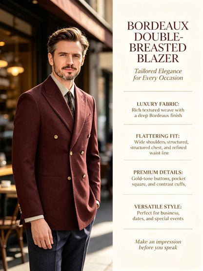 Burgundy Linen Blend Double Breasted Men's Blazer Peak Lapel Slim Fit Tailored Formal Men Suit Jacket For Wedding Groom Business