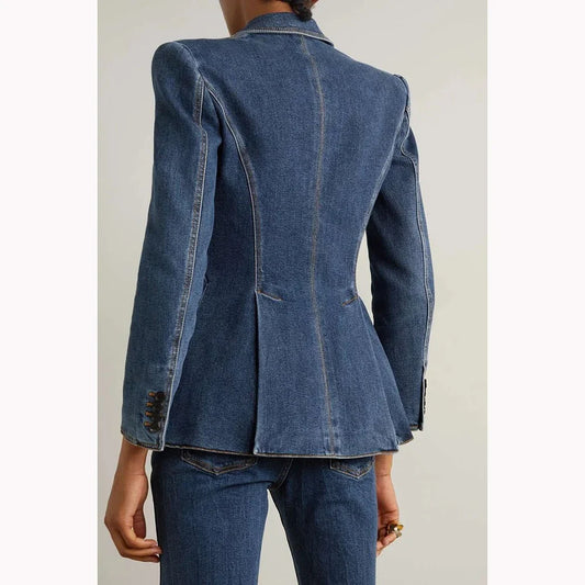 Cowboy Blue Women Suit Fitted Slim Chic Customized Single-grain Buckle Two Pieces(Jacket+Trousers) Ladies Business Office Set