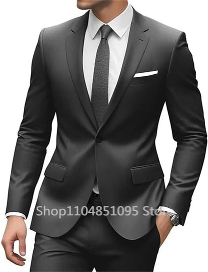 New Solid Slim Fit 2 Piece Wedding Men Suits Groom Tuxedos Formal Suit for Prom Party Busienss Best Man Notch Lapel Blazer Pants