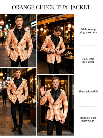 Men's Checkered Double Breasted Blazer Tailored Slim Fit Formal Jacket For Wedding Groom Cocktail Event Prom Dinner Party Coat