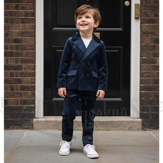 Navy Blue Velvet Boys Suit Double Breasted 2 Piece Casual Formal Wear Blazer and Pants Fashion Daily Party Wedding Tuxedo