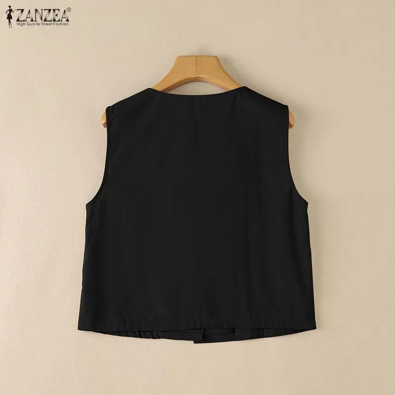 Woman Breathable Cotton Linen Solid Color Tank Tops Summer V-Neck Button Up Sleeveless Tops ZANZEA Daily Casual Vacation Tanks