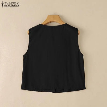 Woman Breathable Cotton Linen Solid Color Tank Tops Summer V-Neck Button Up Sleeveless Tops ZANZEA Daily Casual Vacation Tanks