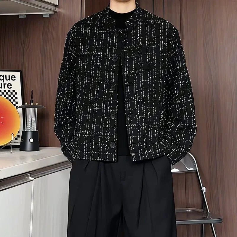 Men's Spring High-End Plaid Blazer Bad Boy Style Cropped Jacket Chinese Stand Collar Suit Outerwear