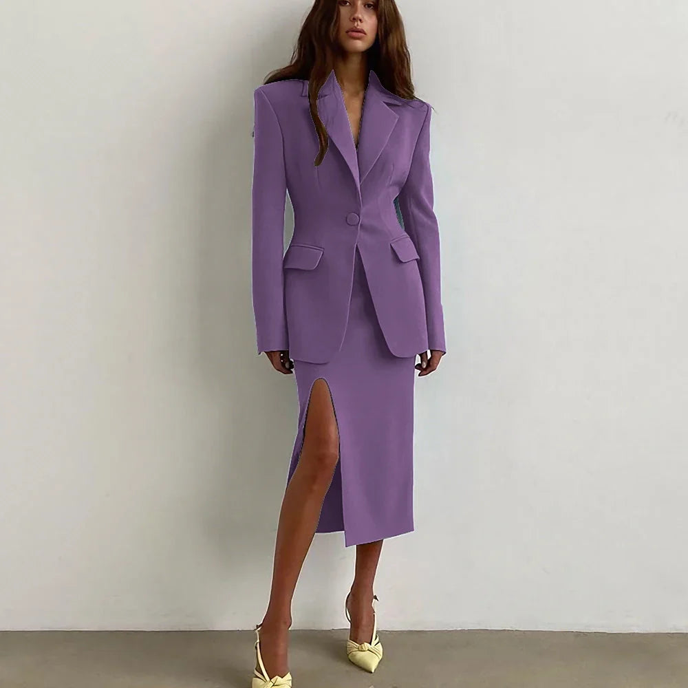 Professional Women's Single Button Notch Lapel Blazer Suit Side Slit Midi Skirt Set Elegant Party Office Fashion 2Piece Outfit