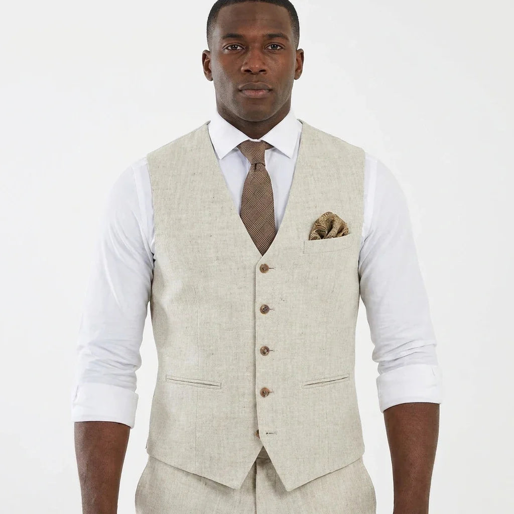Men's Linen Vest Waistcoat for Wedding & Party – Beige V-Neck Smart Casual