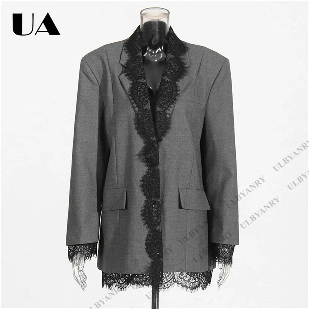 Women’s Grey Blazer with Black Lace Trim Elegant Notched Lapel Cuffs & Hem Jacket Single-Breasted Office Wear