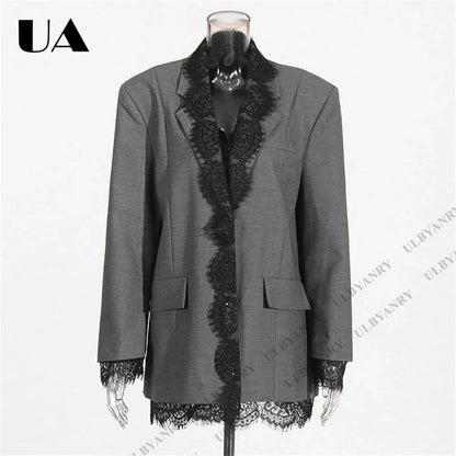 Women’s Grey Blazer with Black Lace Trim Elegant Notched Lapel Cuffs & Hem Jacket Single-Breasted Office Wear