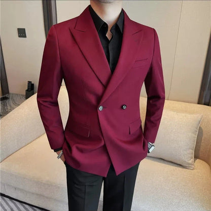 British Style Double Breasted Blazer Jackets Men High Quality Casual Business Suit Jacket Slim Business Wedding Groom Dress