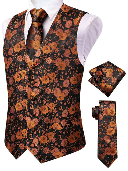 Men's Waistcoat Set Jacquard Floral Black Yellow Formal Wedding Tuxedo