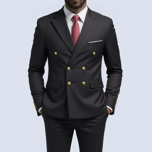 Men Double Breasted Suit Black Slim Fit High Quality Wedding Costume Party Prom Gold Button Male Suits