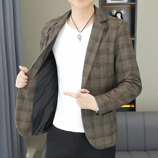 2026 Blazer Outdoor men's checked fashion business trend Wedding Slimming Gentleman Casual Korean travel high formal Wear Blazer