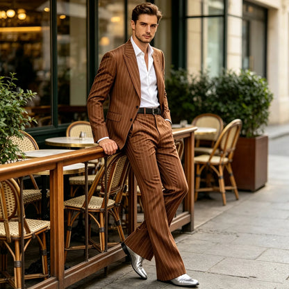 Men's Suit 2-Piece Slim Fit Pinstripe Blazer & High Waist Flared Pants for Business Casual and Formal Occasions