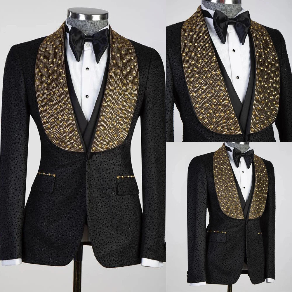Modern Men's Suits Beads Lapel 2 Pieces Blazer Pants Business Formal Work Wear Wedding Groom Tuxedo Customized Costume Homme
