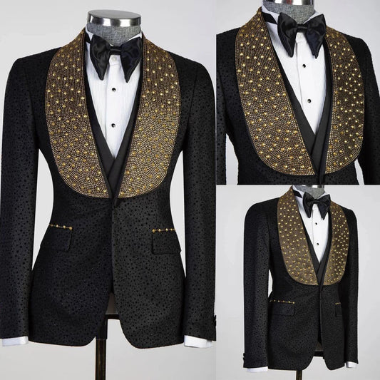 Modern Men's Suits Beads Lapel 2 Pieces Blazer Pants Business Formal Work Wear Wedding Groom Tuxedo Customized Costume Homme