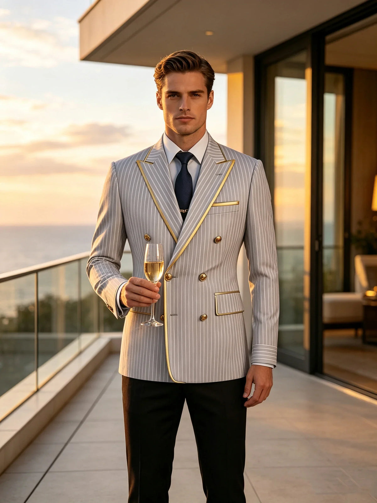 Pinstripe Double Breasted Peak Lapel Mens Suit Jacket Business Slim Fit Gold Trim Striped Coat Formal Wedding Prom Banquet Party