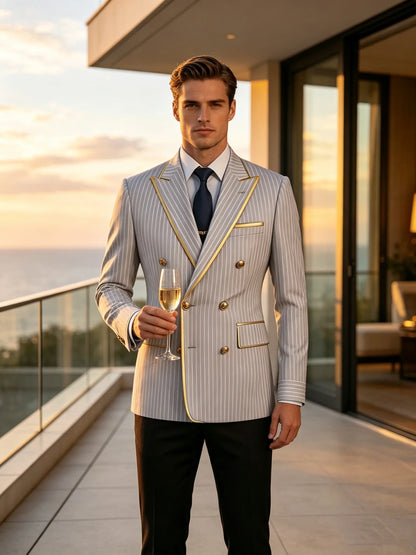 Pinstripe Double Breasted Peak Lapel Mens Suit Jacket Business Slim Fit Gold Trim Striped Coat Formal Wedding Prom Banquet Party