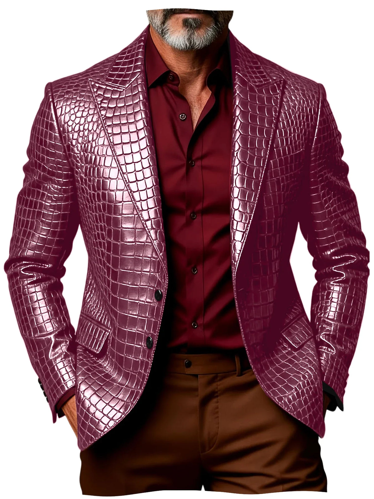 Luxury Men's Crocodile Pattern PU Leather Blazer Notch Lapel Single-Breasted 2 Button Slim Fit Jacket Business Casual for Man