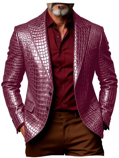 Luxury Men's Crocodile Pattern PU Leather Blazer Notch Lapel Single-Breasted 2 Button Slim Fit Jacket Business Casual for Man
