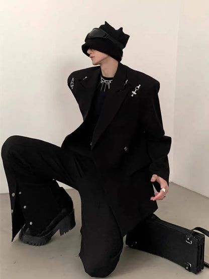 Men's Premium Korean Style Single-Breasted Casual Blazer Set Autumn Trendy Split-Design Loose Fit Elegant Jacket Outerwear