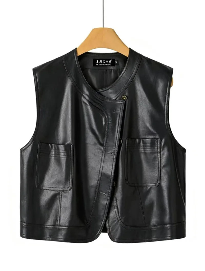 Pu Leather Vest Women Short Sleeveless Jacket 2026 Autumn New Solid Single-breasted Female Imitation Leather Waistcoat Outerwear