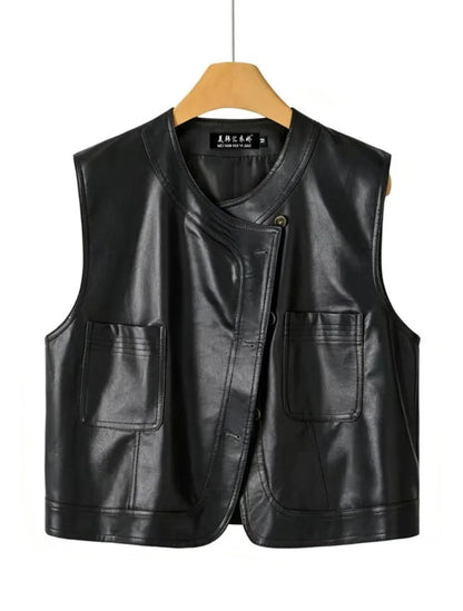 Pu Leather Vest Women Short Sleeveless Jacket 2026 Autumn New Solid Single-breasted Female Imitation Leather Waistcoat Outerwear