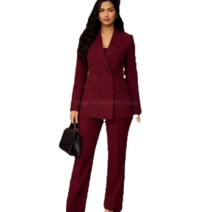 New Women Suits Fashion Double Breasted Business Blazer Burgundy Casual Coat Trousers 2 Pcs Set Office Ladies Wear Suit Pants