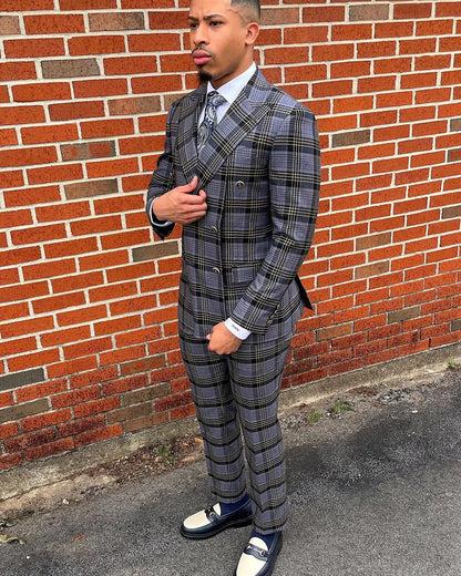 New Men's Suit 2 Pieces Blazer Pants Double Breasted Peaked Lapel Plaid Formal Stripes Wedding Groom Tailored Costume Homme