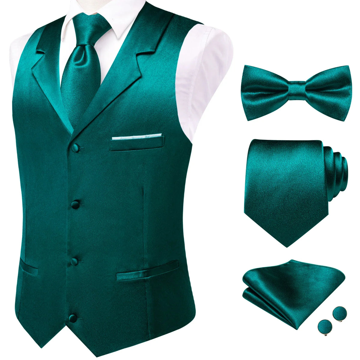 Men's Satin Waistcoat 5-Piece Set with Rose Gold Lapel – Vest, Necktie, Bow Tie, Pocket Square & Cufflinks