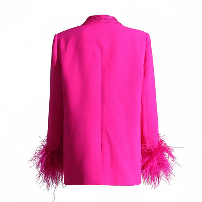 Spring Autumn New Women Blazer Turn-down Collar Studded Diamonds Single Button Cuff Spliced Feather Luxury Ins Coat HK16316