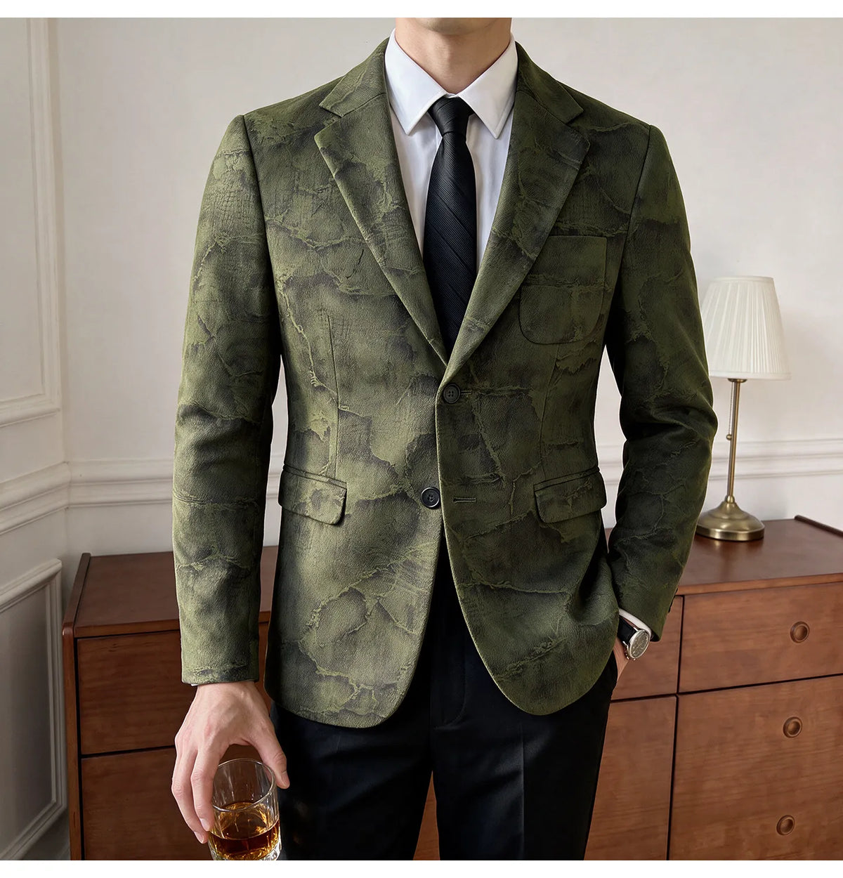 Men's Embossed Suede Blazer Smart Casual Single Breasted Jacket for Everyday Wear