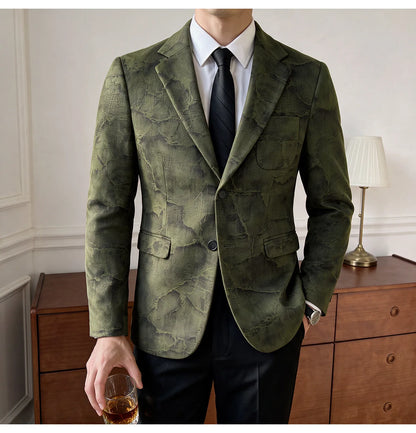 Men's Embossed Suede Blazer Smart Casual Single Breasted Jacket for Everyday Wear