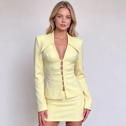 2026 New2Pcs Outfit, Slim Cut Deep V Blazer+Mini Skirt, Structured Shoulder, Elegant Suit for Club Date Cocktail Party