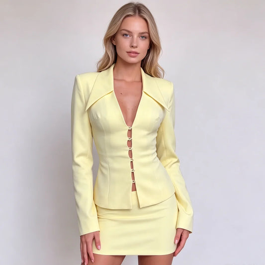 2026 New2Pcs Outfit, Slim Cut Deep V Blazer+Mini Skirt, Structured Shoulder, Elegant Suit for Club Date Cocktail Party