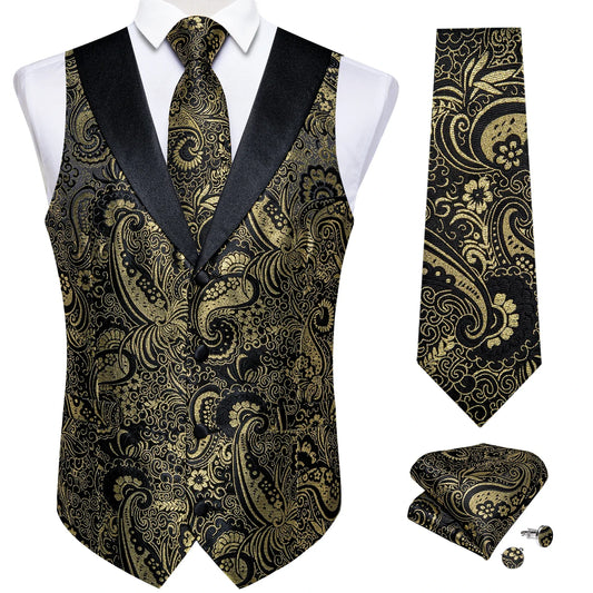 Men's Vest Set with Golden Paisley Tie Handkerchief and Cufflinks for Weddings and Formal Events