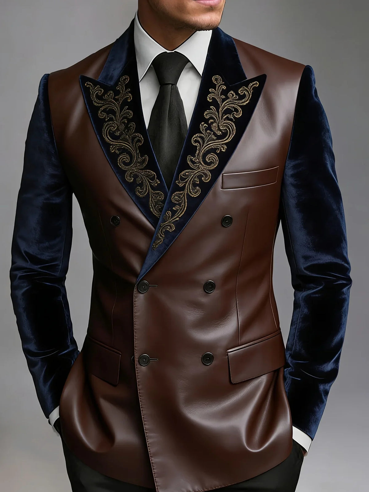 Men Brown Faux Leather Double Breasted Blazer Navy Velvet Sleeve Gold Embroidery Lapel Slim Fit Wedding Stage Groom Formal Tuxed