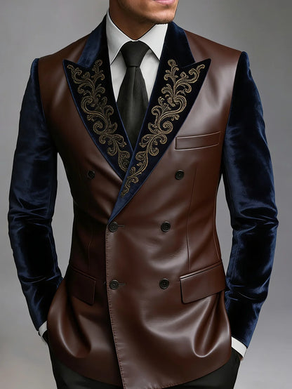 Men Brown Faux Leather Double Breasted Blazer Navy Velvet Sleeve Gold Embroidery Lapel Slim Fit Wedding Stage Groom Formal Tuxed