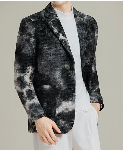 Autumn Korean Slim Fit Suit Jacket for Men Tie Dye Chenille Fashion Casual Suit Jacket Warm Business Social Formal Men Blazers