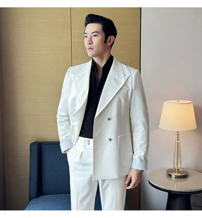 Korean Style Double Breasted Suit Jacket for Men Fashion Casual Business Suit Jackets Office Social Banquet Blazer Masculino