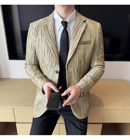 Korean Trend 3D Pleated Suit Jacket for Men Wedding Groom Business Dress Jacket Casual Banquet Party Host Blazer Masculino