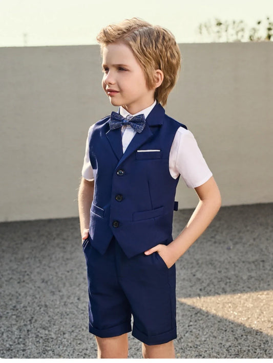 Navy Blue Children' Suit Set 4 Pieces Wedding Ring Bearer Outfit Summer Comfortable Boys Suits Performance Outfit