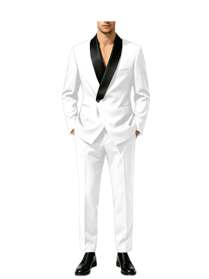 Men's Slim Fit Tuxedo Suit with Black Satin Shawl Lapel – 2-Piece Blazer & Pants for Wedding, Prom & Formal Events